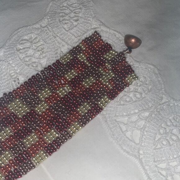 Vintage Handmade Seed Bead Copper Tone Patchwork Bracelet - Picture 4 of 13